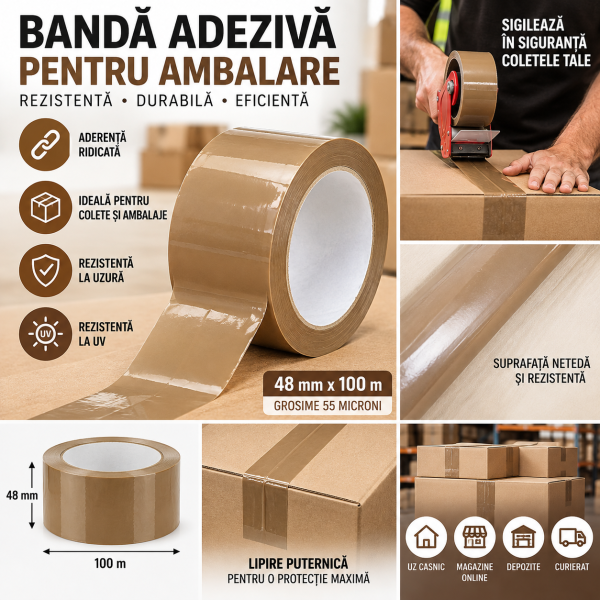 Banda Adeziva Adeziv Acrilic 100m Maro scoci pentru Ambalare 48 mm x 100 m, 55 Microni, Adeziv Acrilic, Rezistență Ridicata