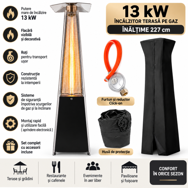 Incalzitor Terasa pe Gaz 13 kW profesional Horeca H 227CM, Tip Piramidă cu Flacără Vizibilă,Negru, cu Roți, Reductor și Husă de Protecție – pentru Grădină, Foișor și Terase Exterioare