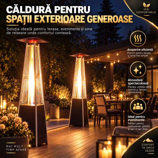 Incalzitor Terasa pe Gaz 13 kW profesional Horeca H 227CM, Tip Piramidă cu Flacără Vizibilă,Negru, cu Roți, Reductor și Husă de Protecție – pentru Grădină, Foișor și Terase Exterioare