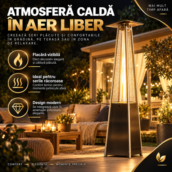 Incalzitor Terasa pe Gaz 13 kW profesional Horeca H 227CM, Tip Piramidă cu Flacără Vizibilă,Negru, cu Roți, Reductor și Husă de Protecție – pentru Grădină, Foișor și Terase Exterioare