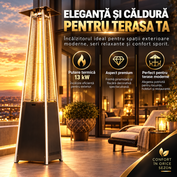 Incalzitor Terasa pe Gaz 13 kW profesional Horeca H 227CM, Tip Piramidă cu Flacără Vizibilă,Negru, cu Roți, Reductor și Husă de Protecție – pentru Grădină, Foișor și Terase Exterioare