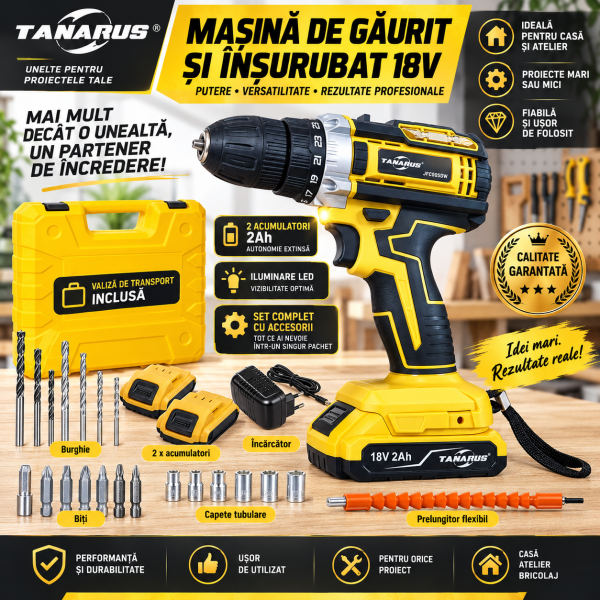 Mașina de Gaurit și Înșurubat cu Acumulator 18V, 25 Nm, 2 Acumulatori Li-Ion 2Ah, 2 Viteze, LED, Mandrină 10 mm, Set Burghie și Biți, Prelungitor Flexibil, Valiză Transport