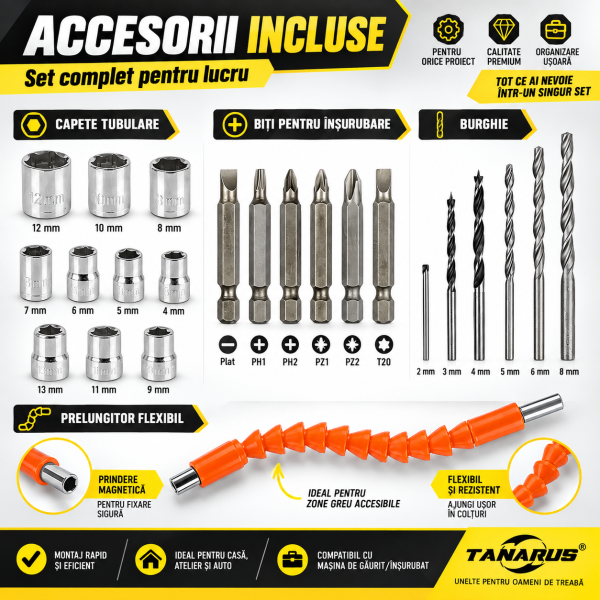 Mașina de Gaurit și Înșurubat cu Acumulator 18V, 25 Nm, 2 Acumulatori Li-Ion 2Ah, 2 Viteze, LED, Mandrină 10 mm, Set Burghie și Biți, Prelungitor Flexibil, Valiză Transport