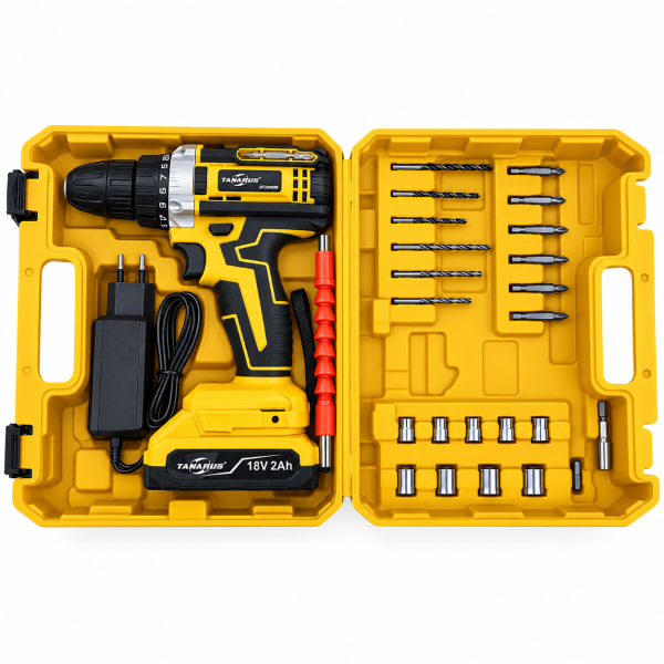 Mașina de Gaurit și Înșurubat cu Acumulator 18V, 25 Nm, 2 Acumulatori Li-Ion 2Ah, 2 Viteze, LED, Mandrină 10 mm, Set Burghie și Biți, Prelungitor Flexibil, Valiză Transport