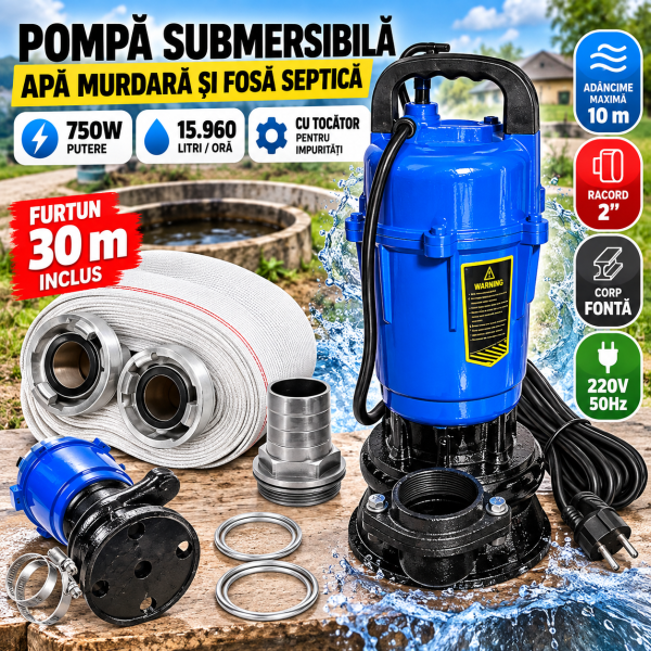 Pompa Submersibila Apa Murdara și Fosa Septică 750W cu Tocator, Debit 15.960 L/h, Corp Fontă, Furtun Refulare 30m, Racord 2” – Set Complet
