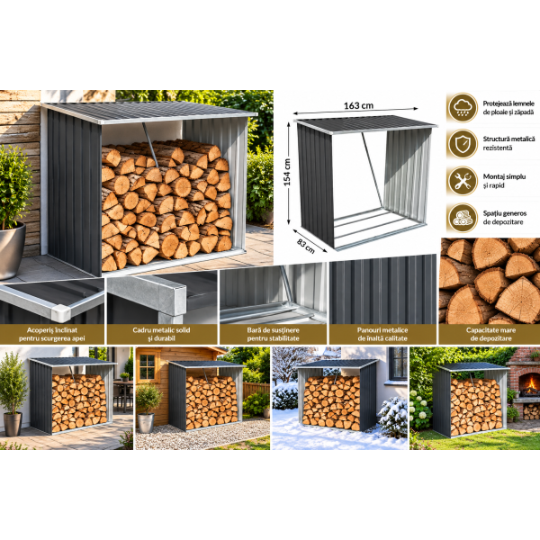 Adapost Lemn foc Adapost metalic pentru depozitarea lemnelor de foc, 163 x 83 x 154 cm